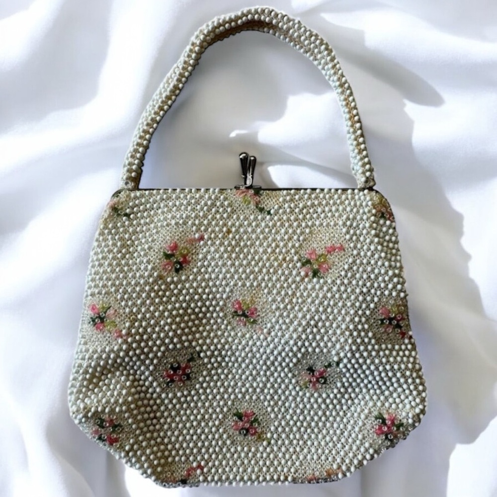 1950s Lumured Corde’ Beaded Purse, Vintage Top Handle Handbag, Mid Century Purse